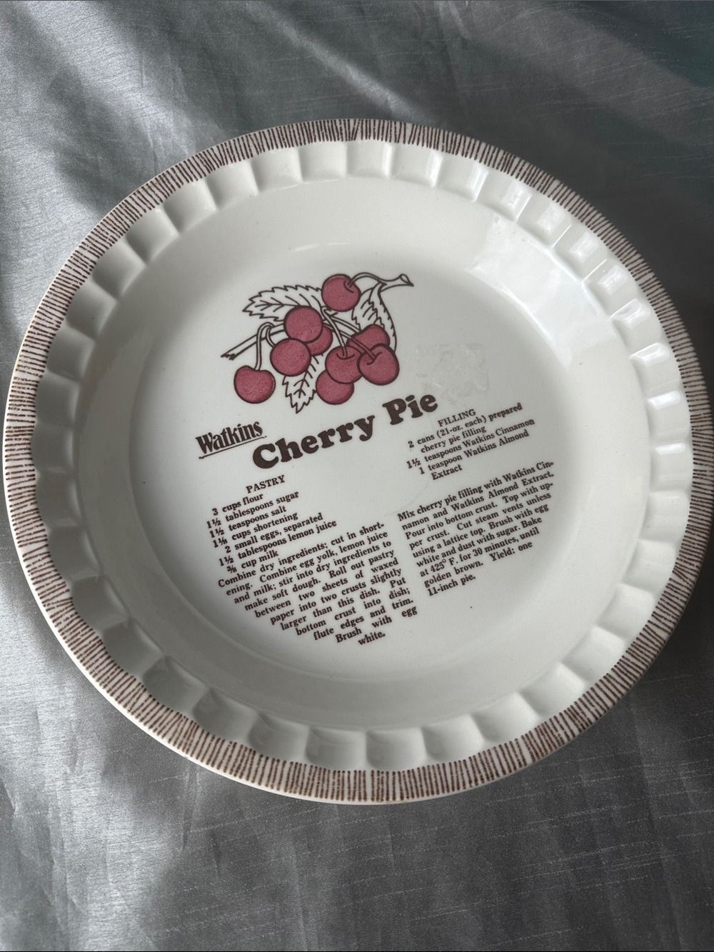 Watkins Ceramic Cherry Pie Plate with Red Cherry Graphic Seep Dish